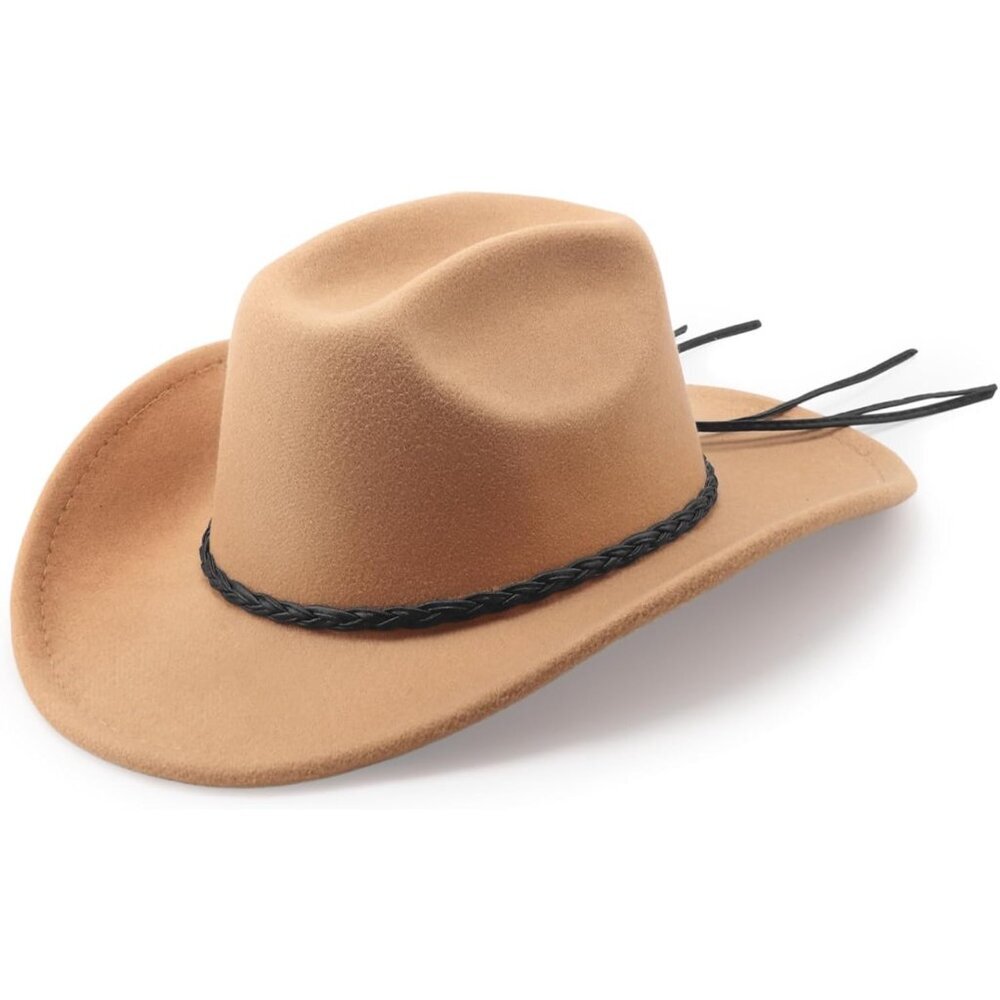 Women's Khaki Western Braided Leather Band Buckle Classic Fedora Felt Cowboy Hat